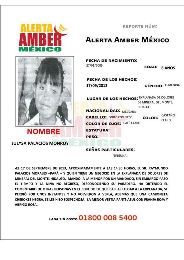 Ratn12's tweet photo. Difunde por Favor #AlertaAmber JULYSA PALACIOS MONROY 8 años  #HIDALGO. http://t.co/w8GwKqb5zq http://t.co/9qUlg9OEXb