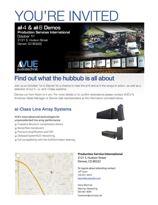 Prodservintl's tweet photo. Anyone in the Denver area interested in checking out the new Audiotechnik VUE line array systems, we're hosting demos http://t.co/tx9eEs9ruH