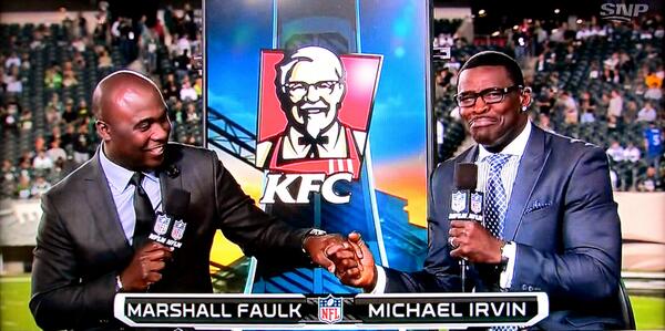 Cabbie's tweet photo. When branding unintentionally reinforces stereotypes. Haha. #NFLnetwork #KFC #unfortunate http://t.co/4XqzvtRBBr