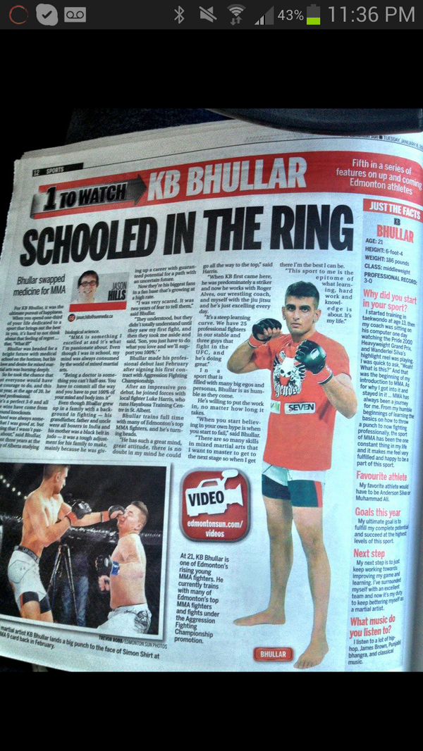 aggressionmma's tweet photo. Just want to congratulate #AFC fighter @KB_Bhullar for being the @Edmontonsun "1 to Watch" #BeastMode http://t.co/XwkxiOhYDX