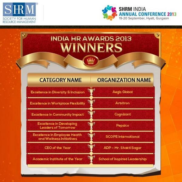 SHRMindia's tweet image. SHRM India HR Awards was one of the highlights of Day 1 at #SHRMI13. Congratulations to the winners again