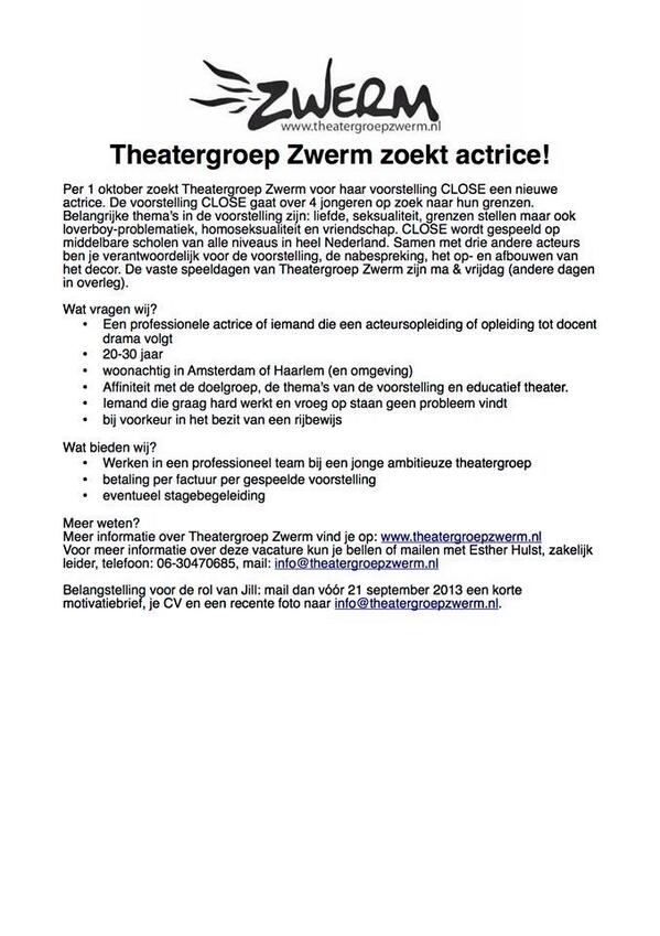 Word jij onze nieuwe collega? Nog 2 dagen om te reageren! #vacature #actrice #Theaterinschool