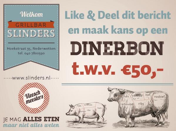 Slindersgrill's tweet photo. Like en deel de actie op onze Facebook pagina en maak kans op een dinerbon t.w.v €50 !! http://t.co/tkKYOi8qvC