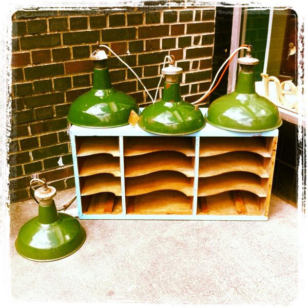 nesthull's tweet photo. Industrial original enamel lights and fittings £50 each @ nest . Only 4 available http://t.co/PFdHqLJuf1