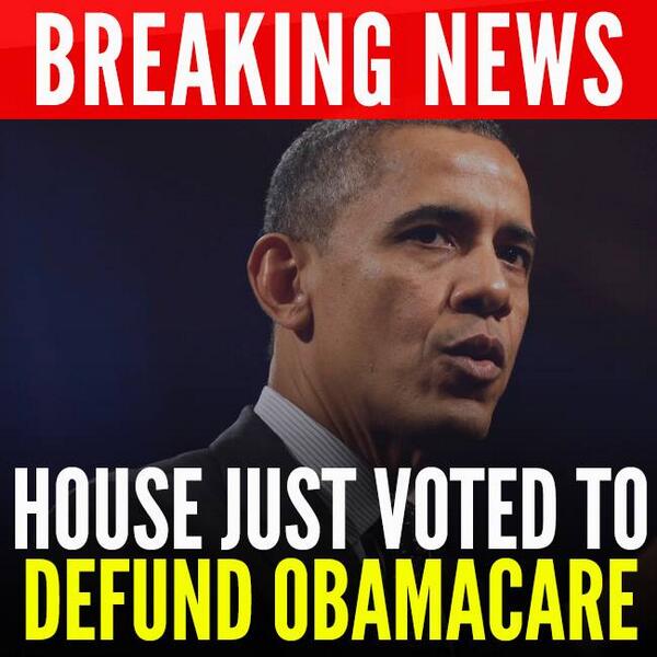 NRCC's tweet photo. BREAKING: The House just voted to defund #ObamaCare! Retweet to put pressure on the Senate! http://t.co/9MevQVe6it http://t.co/IrGd8Clkrp