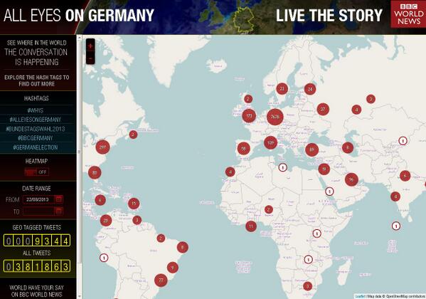 BBCWorld's tweet photo. Our live map shows where people are tweeting about German election http://t.co/YYU28796UR #BBCGermany http://t.co/lbSfrrJ9Ih