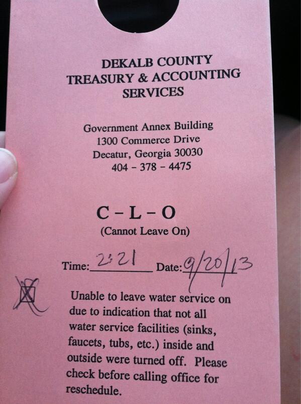 klyness's tweet image. Thanks for nothing dekalb county. Guess no water this weekend! #worthless
