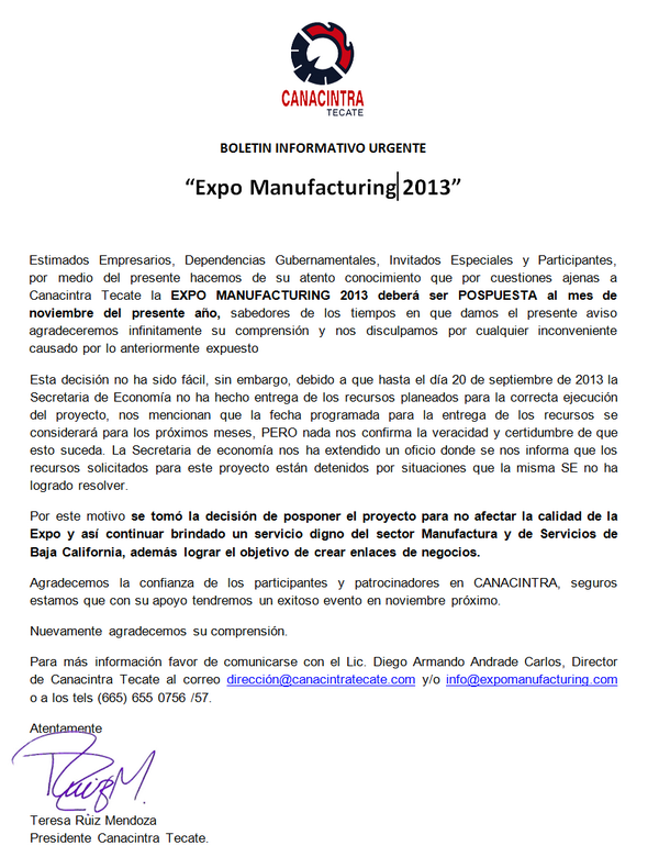 BOLETÍN INFORMATIVO URGENTE - CAMBIO DE FECHA EXPO MANUFACTURING 2013