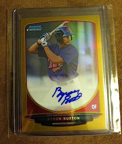 TrustProspects's tweet photo. Made a big trade to get this card, but very happy with it: Byron Buxton Bowman Chrome Gold Refractor Auto 24/50 http://t.co/uGBCbgTb4A