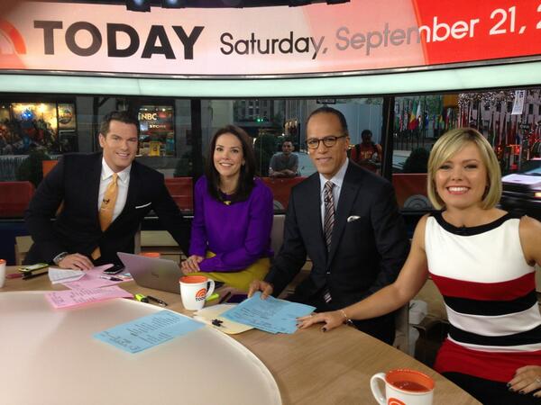 TODAYshow's tweet photo. It's show time with @LesterHoltNBC @EricaRHill @ThomasARoberts @DylanDreyerNBC! #TODAYWeekend http://t.co/4hHE8NWXC8