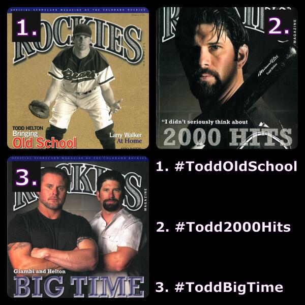 Rockies's tweet photo. #ToddsTops: Choose the best Helton magazine cover: #ToddOldSchool, #Todd2000Hits or #ToddBigTime. VOTE W/ HASHTAG. http://t.co/1KjbucDLdC