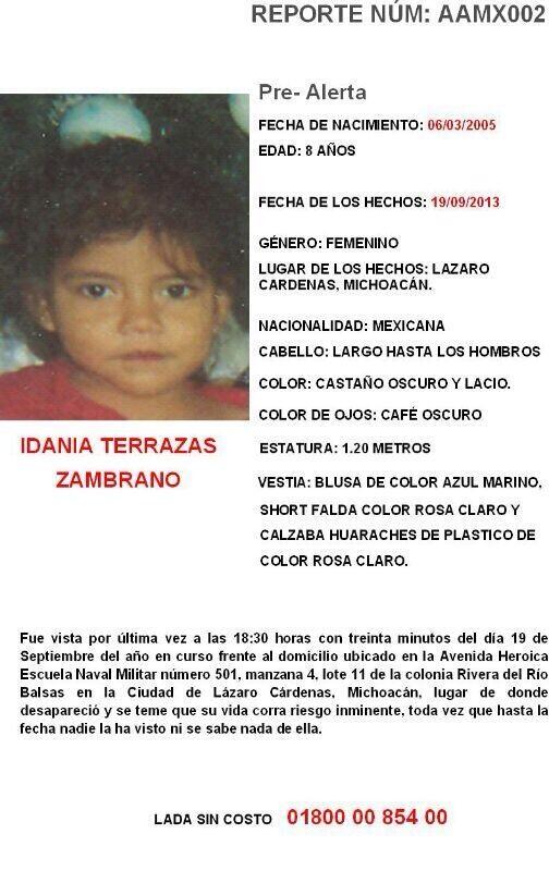 Ratn12's tweet photo. RT URGENTE ! Difunde por Favor #AlertaAmber   IDANIA TERRAZAS ZAMBRANO 8 años.  Desp . Lázaro Cárdenas #Michoacán http://t.co/uRBbLJGnL4