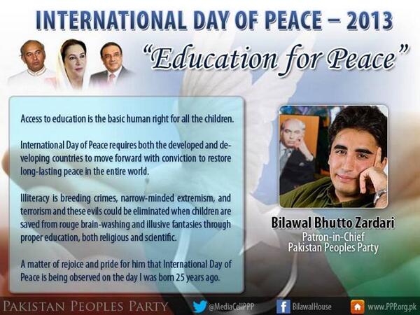 ChairpersonFc's tweet photo. Education for peace says @BBhuttoZardari #IntPeaceDay #HappyBirthdayBilawal http://t.co/w3aTsBzlku