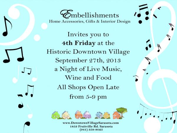 Embellishments_'s tweet photo. Set the Date #SRQ, #4thFriday is next Friday! There will be Live Music and new shops like the Tea House are opening! http://t.co/0nF3Ft9k1e