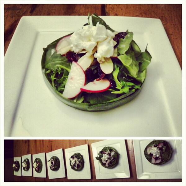 serendipitygf's tweet photo. Zucchini wrapped arugula salad w/ radish,dried cranberries,sliced almonds &amp; goat cheese w/ a spiced apple vinaigrette http://t.co/WUiRd2VQcf