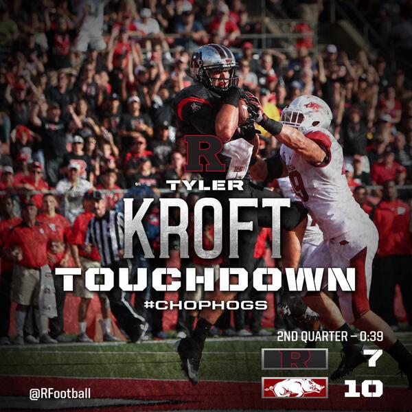RFootball's tweet photo. Nova with the 15yard TD pass over the middle to TE Tyler Kroft to get the Scarlet Knights on the board #ChopHogs http://t.co/SCaqSCzFiB