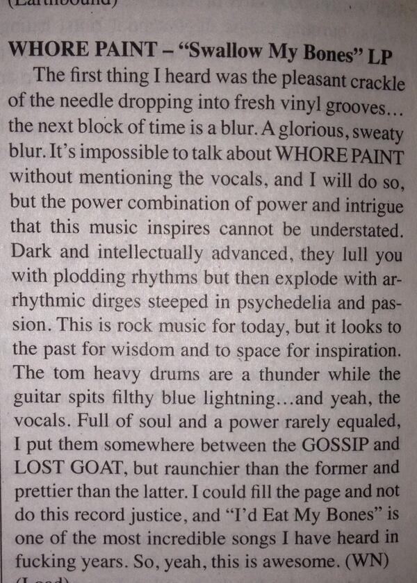 Great new review of the Whore Paint Lp in October 2013 Maximum Rock &amp; Roll!