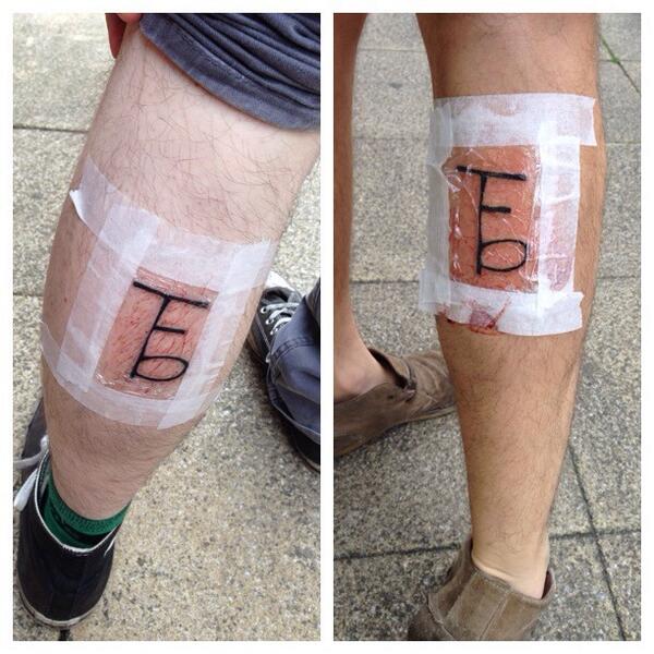 calbroad's tweet photo. @TheFrontBottoms new buddy tattoos ready for the gig on Wednesday! @joinerslive http://t.co/so7CSTRBwF