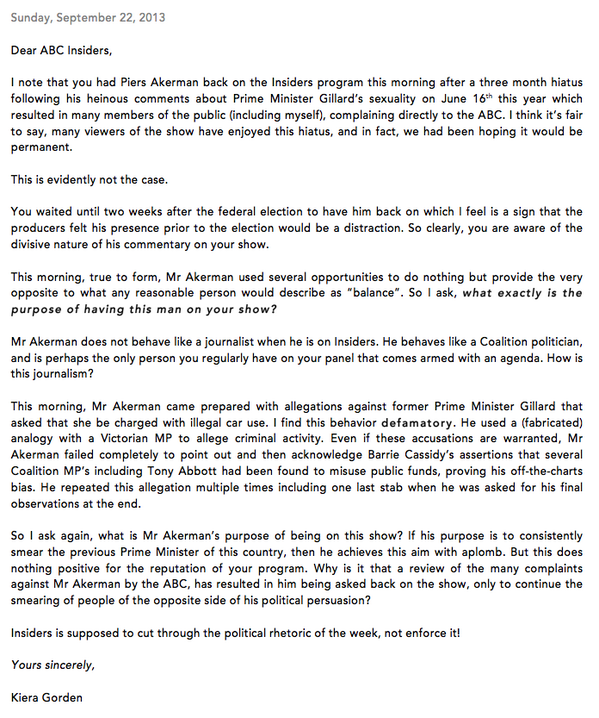 KieraGorden's tweet photo. My letter to the ABC following Piers Akerman’s revolting behaviour on today’s #Insiders. #AusPol #piersOFFakerman http://t.co/AYtWBrERe0