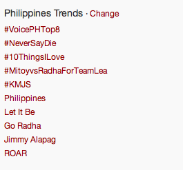 _TheVoiceKidsPH's tweet photo. 4/10 trending topics nationwide! #VoicePHTop8 #MitoyvsRadhaForTeamLea Let It Be and Go Radha all trending! http://t.co/HkZgKWL7oo
