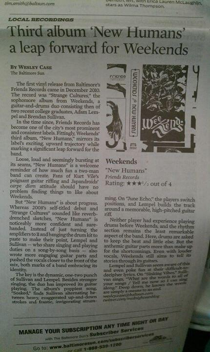 WeekNds's tweet image. The new Weekends album was reviewed in the Baltimore Sun today!