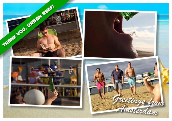 Heineken's tweet photo. @theurbanreef I’d love to fly with you one day. Hope you like our card #beercopter http://t.co/521AL5GSgP
