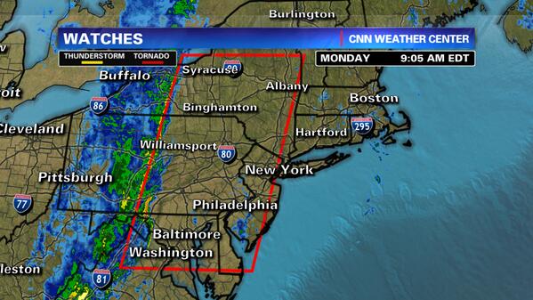 PopCenturyFan's tweet photo. Yikes... RT @CNNweather: #Tornado watch until 5pm EDT from Northern VA to NY. http://t.co/z9irurFCaQ