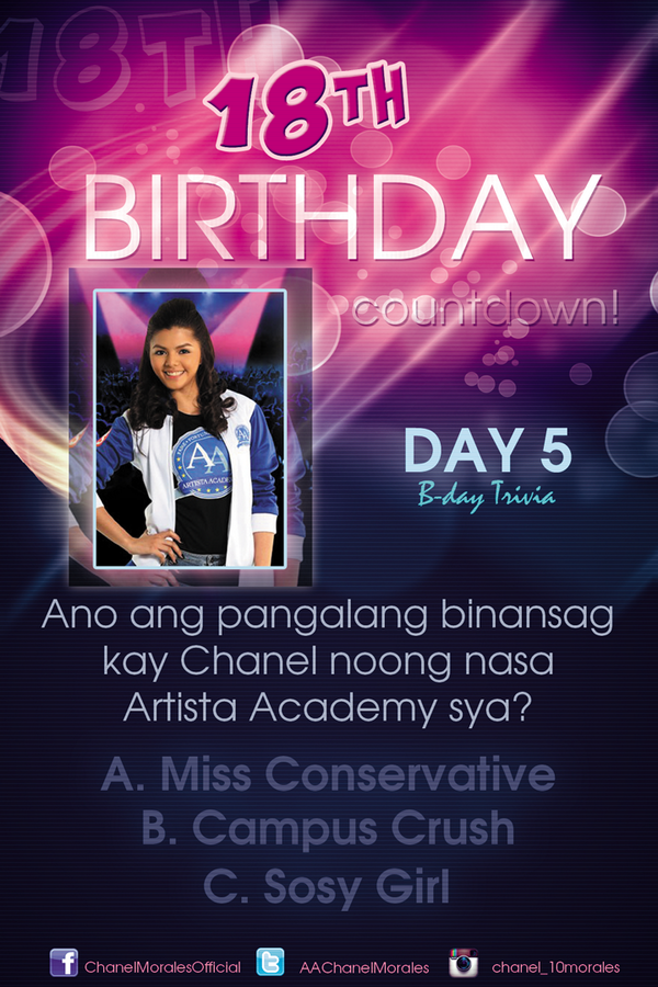 CHANELians's tweet photo. #Day5BirthdayCountdownTrivia Ano ang pangalang binansag kay Chanel noong naa Artista Academy sya?
#CHANELians http://t.co/Ke1ptWjJav