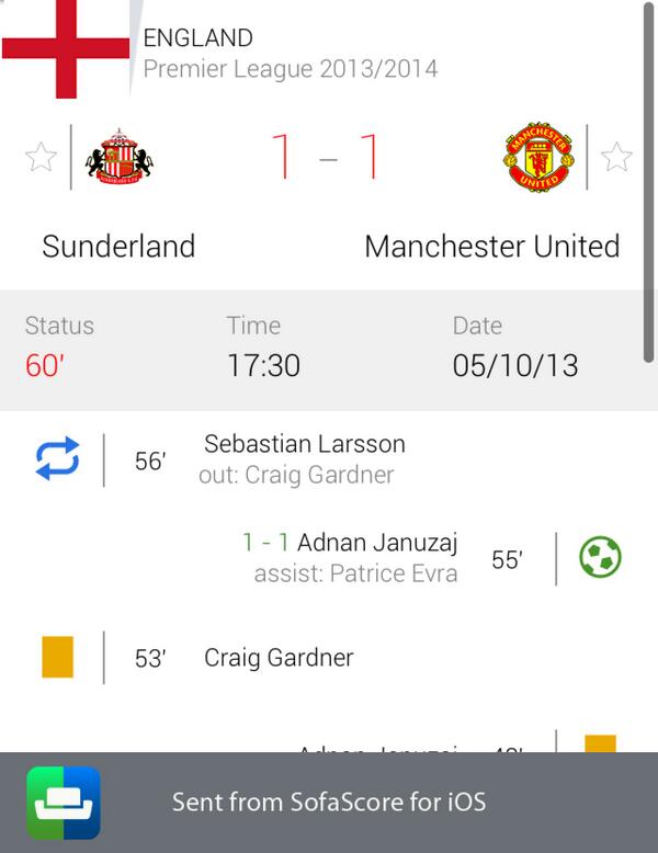Giolly's tweet photo. La Man Utd a egalat copilul ala de 18 ani.  Sunderland 1 - 1 Manchester Utd http://t.co/KuETqvoBmY http://t.co/CaPALdxYry