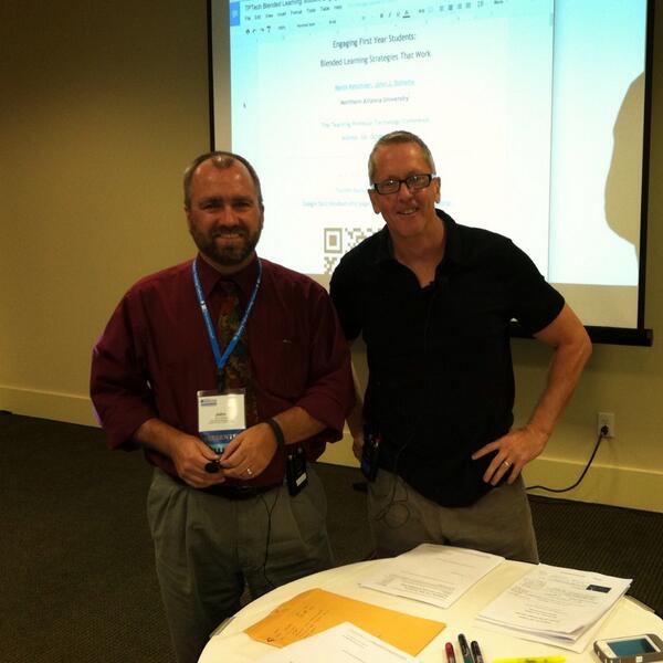 ProfAstrid's tweet image. #NAU faculty @johndoherty + Kevin Ketchner getting ready for presentation on blended First Year Seminars at #TPtech