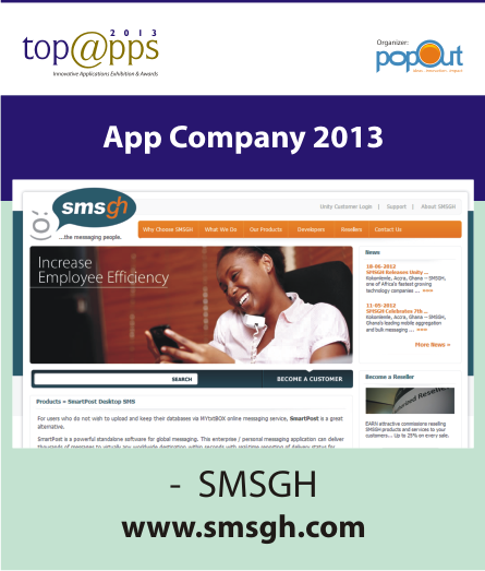 TopAppsAwards's tweet photo. @SMSGH won App Company of the year in @TopAppsAward 2013. http://t.co/dmMQiKslNc