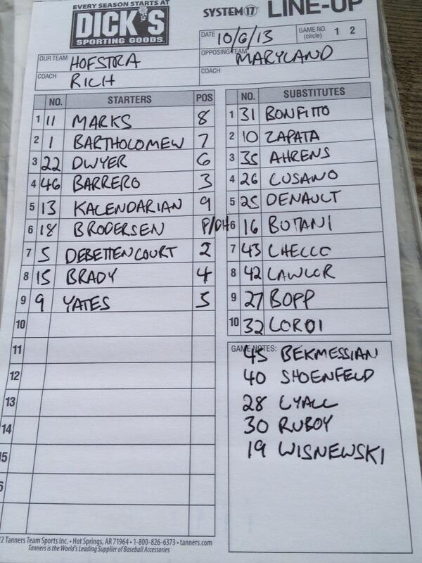HUBaseballClub's tweet photo. Lineup: Marks 8 Bartholomew 7 Dwyer 6 Barreiro 3 Kalendarian 9 Brodersen 1 DeBettencourt 2 Brady 4 Yates 5 http://t.co/0iKa8DG0rO