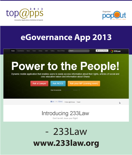 TopAppsAwards's tweet photo. #233Law won eGovernance App of the year in @TopAppsAward 2013 http://t.co/PSbq3Ag0jg