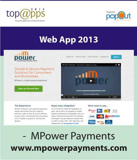 TopAppsAwards's tweet photo. #MPowerPayments won Web App of the year in @TopAppsAward 2013. http://t.co/mBw94miGK0