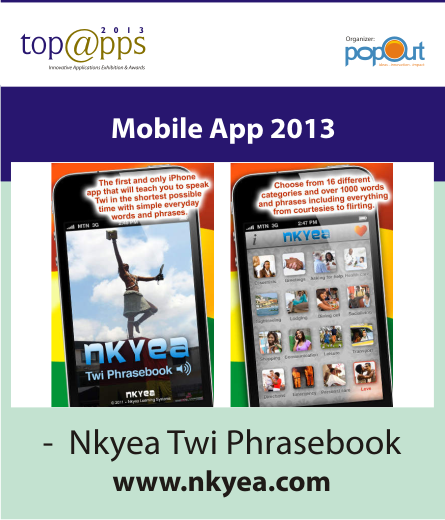 TopAppsAwards's tweet photo. #NkyeaTwiPhrasebook won Mobile App of the year in @TopAppsAward 2013. http://t.co/1yV0B1TqUo