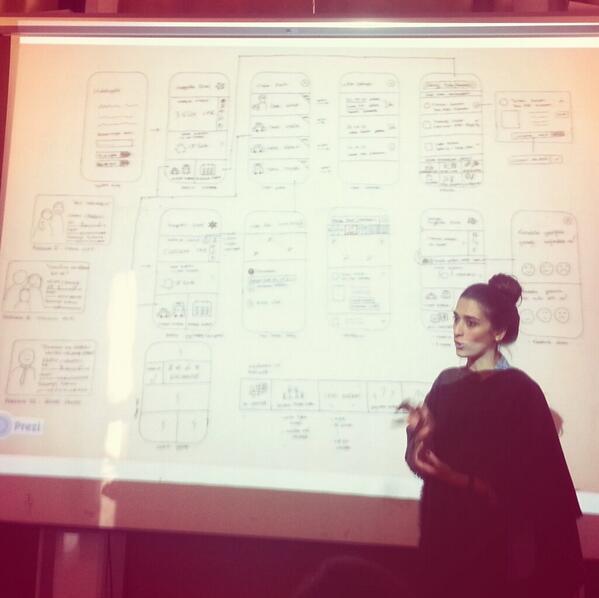 ugursus's tweet image. Merve wireframe üzerinden uygulamanın akışını anlatıyor. #uxweekend