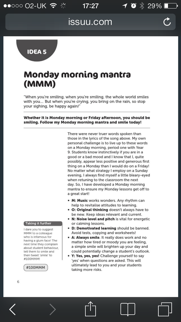 TeacherToolkit's tweet photo. #100MMM Monday Morning Mantras; a chapter/idea sample from #100Ideas http://t.co/7fDPMh1lv4