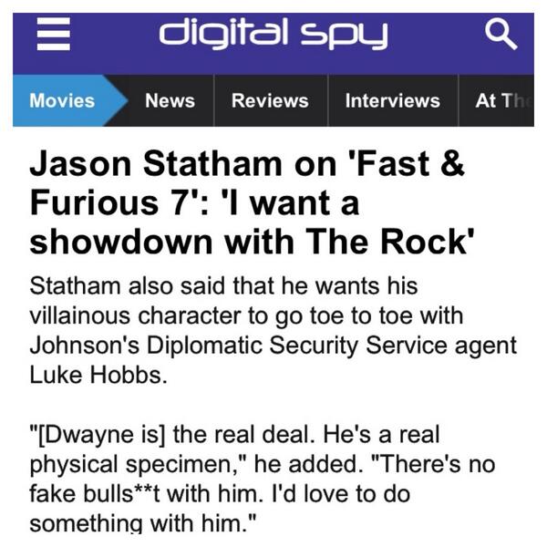 TheRock's tweet photo. Feeling's mutual my friend. Can't wait.. #FF7 #NoBS #RockVsStatham http://t.co/czYFetv4RC