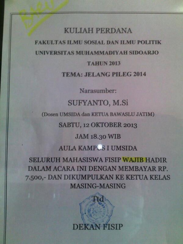umsidafm's tweet photo. Hayo anak2 FISIP #UMSIDA utk wajib mengikut Kegiatan Kuliah Perdana dengan tema "Jelang Pileg 2014" 
#SIM_UMSIDA http://t.co/k0UpZFTfQ4