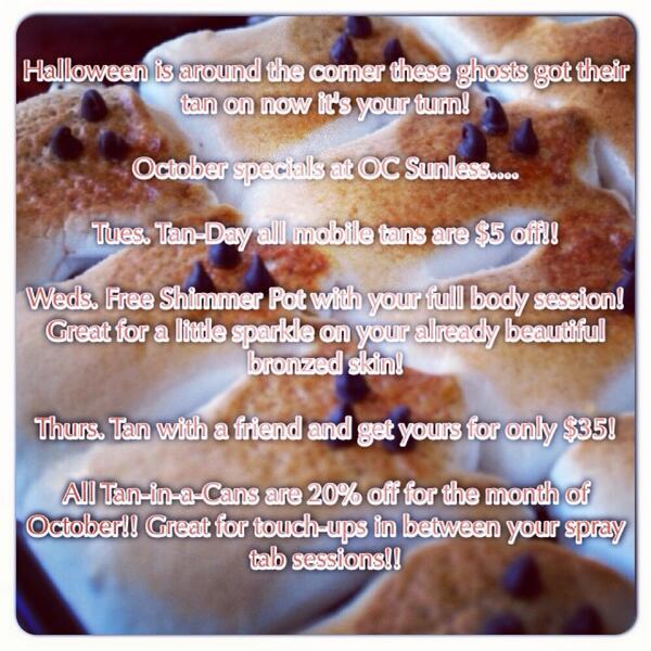 OCSunless's tweet image. Check out our October Specials....you don't have to be ghostly white in your Halloween costume! Call us today!