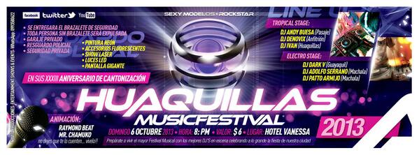 Huaquillas MusicFestival
Domingo 6 de Octubre
Hotel Vanessa