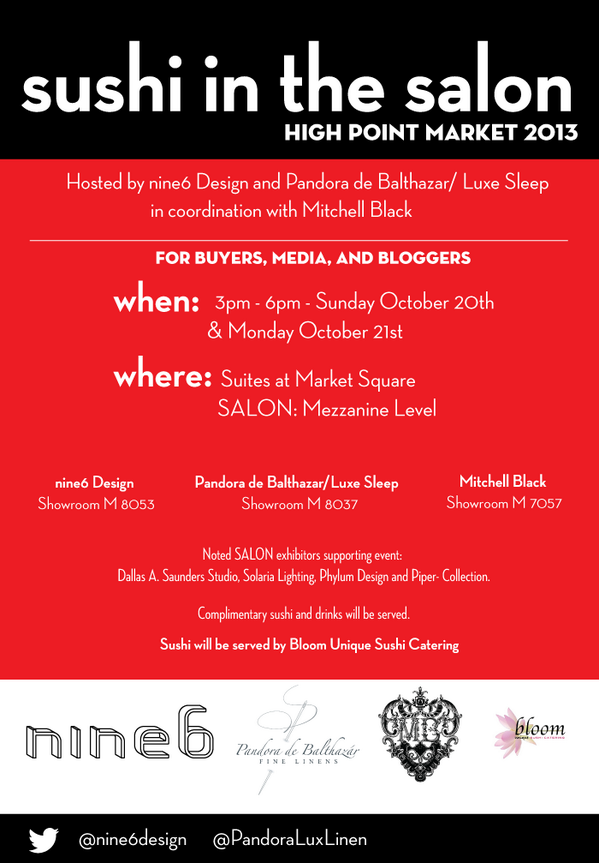 nine6Design's tweet photo. Buyer Media Blogger! Going to #hpmkt @HPMarketNews  stop by for ome #SUSHI in the @SALONHP http://t.co/rrRsUsBJp3