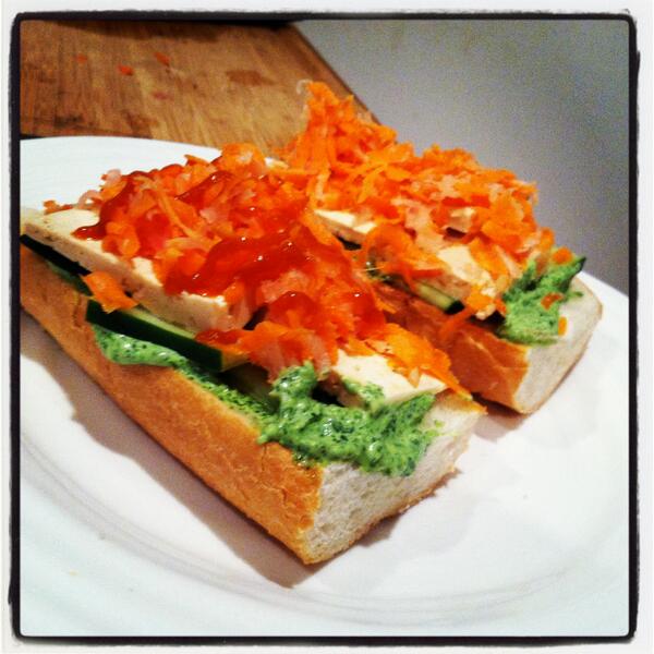 The <a href="/Masonmug/">Mason & Mug</a> #banhmi, pickled carrot, slice cucumber, cilantro-mayo &amp; soy tofu on Baguette igg.me/at/plate/x/436…
