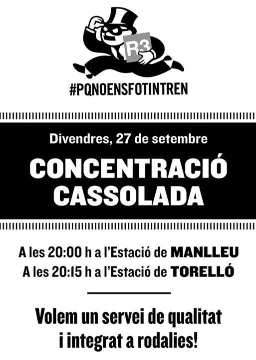 NoPaguem's tweet photo. Divendres 27 de set, concentració i cassolada. 20h estació de Manlleu i 20:15h estació de Torelló. #PQNoEnsFotinTren http://t.co/kRDIKtBUj3
