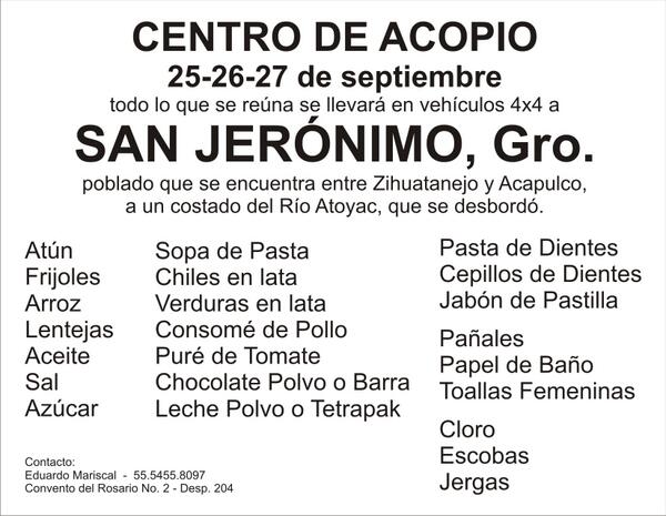 e_mariscal's tweet photo. CENTRO DE ACOPIO para San Jeronimo, Gro. Lo vamos a llevar personalmente en camionetas 4x4. Gracias @eLiSaSoSa http://t.co/ilWjqZWmbp