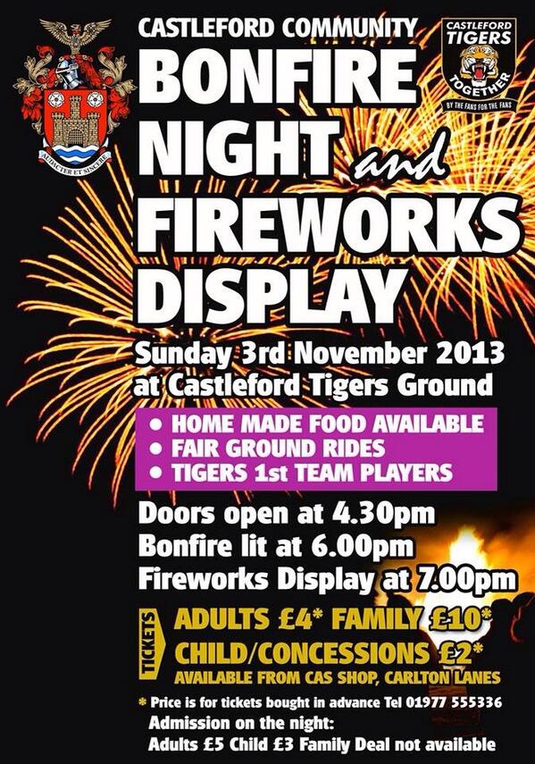 TigersTogether's tweet photo. Details for the Castleford Community Bonfire at the @CTRLFC ground November 3rd
Buy tickets in advance and save £'s! http://t.co/VjJT15qGe9