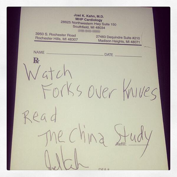 nutrition_facts's tweet photo. Might put himself out of business! “@ForksOverKnives: The prescription pad of cardiologist Dr. Joel Kahn. http://t.co/OY6whLXSZT”
