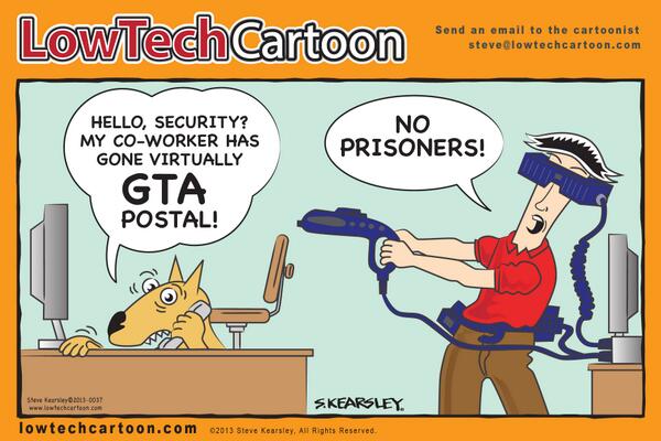 LowTechCartoon's tweet image. VIRTUAL GTA is a game that begins with your character going postal! - check out the cartoon: lowtechcartoon.com