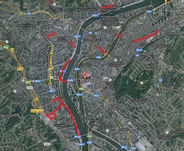 Hugues's tweet image. Comme je suis gentil j'ai fait la carte des travaux de Liège. En Orange, la foire. #merciWilly #mobilité