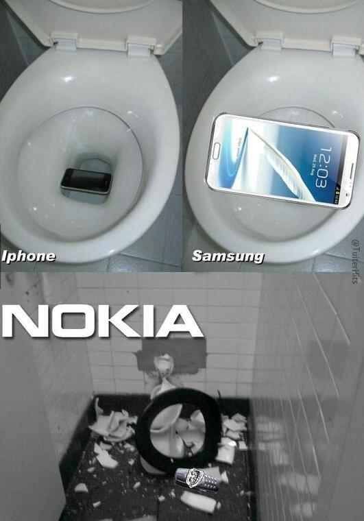 TuiterHits's tweet photo. Esta es la diferencia que hay entre un iPhone, un Samsung y un Nokia cuando se te cae sin querer en el baño: http://t.co/EcrNCL6O87